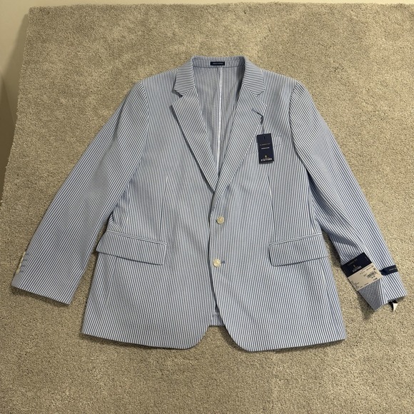 Stafford Blazer Jacket Mens 46S Blue Striped Seersucker Classic Fit Notch Lapel